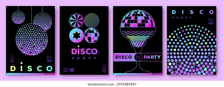 Set of retro futuristic disco party posters, covers or banners with disco ball. Fluorescent disco background. Flat design. Vector illustration