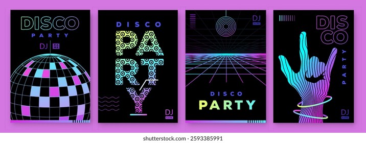 Set of retro futuristic disco party posters, covers or banners with disco ball. Fluorescent disco background. Flat design. Vector illustration