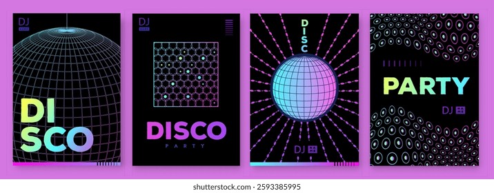 Set of retro futuristic disco party posters, covers or banners with disco ball. Fluorescent disco background. Flat design. Vector illustration