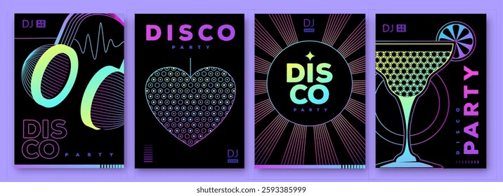 Set of retro futuristic disco party posters, covers or banners with disco ball. Fluorescent disco background. Flat design. Vector illustration