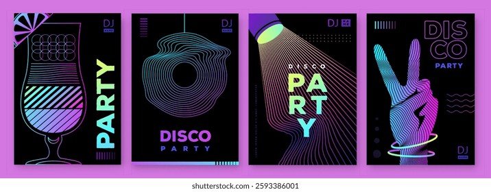 Set of retro futuristic disco party posters, covers or banners with disco ball. Fluorescent disco background. Flat design. Vector illustration