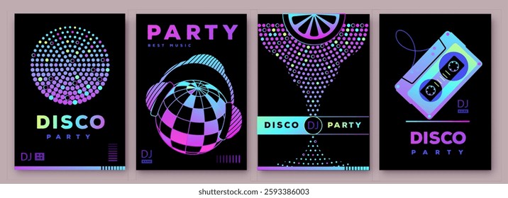 Set of retro futuristic disco party posters, covers or banners with disco ball. Fluorescent disco background. Flat design. Vector illustration