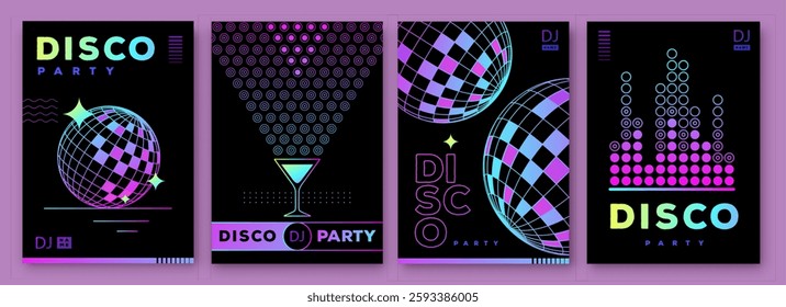 Set of retro futuristic disco party posters, covers or banners with disco ball. Fluorescent disco background. Flat design. Vector illustration