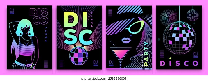 Set of retro futuristic disco party posters, covers or banners with disco ball. Fluorescent disco background. Flat design. Vector illustration