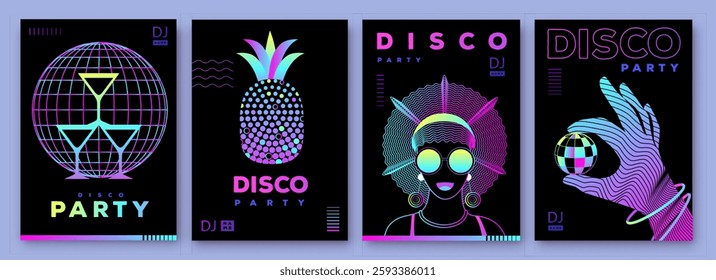 Set of retro futuristic disco party posters, covers or banners with disco ball. Fluorescent disco background. Flat design. Vector illustration