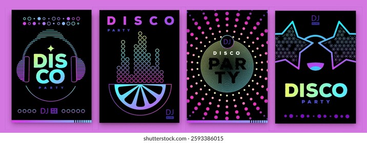 Set of retro futuristic disco party posters, covers or banners with disco ball. Fluorescent disco background. Flat design. Vector illustration