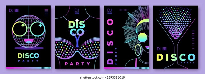Set of retro futuristic disco party posters, covers or banners with disco ball. Fluorescent disco background. Flat design. Vector illustration