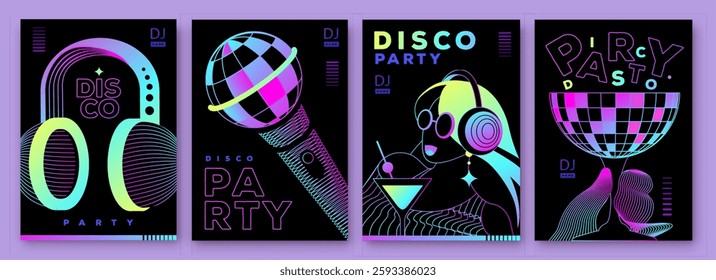 Set of retro futuristic disco party posters, covers or banners with disco ball. Fluorescent disco background. Flat design. Vector illustration