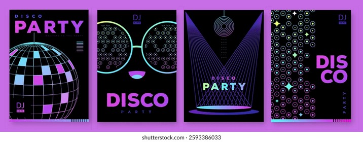 Set of retro futuristic disco party posters, covers or banners with disco ball. Fluorescent disco background. Flat design. Vector illustration