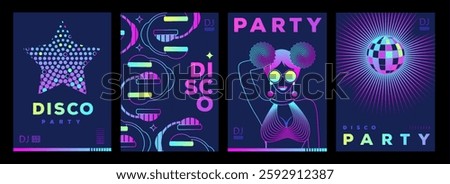 Set of retro futuristic disco party posters, covers or banners with disco ball. Fluorescent disco background. Flat design. Vector illustration