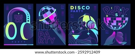 Set of retro futuristic disco party posters, covers or banners with disco ball. Fluorescent disco background. Flat design. Vector illustration