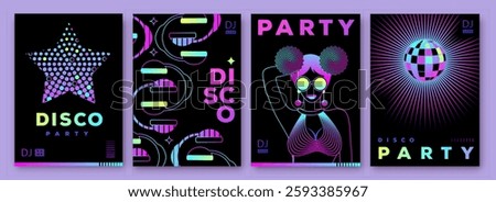 Set of retro futuristic disco party posters, covers or banners with disco ball. Fluorescent disco background. Flat design. Vector illustration