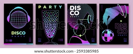 Set of retro futuristic disco party posters, covers or banners with disco ball. Fluorescent disco background. Flat design. Vector illustration