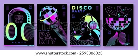 Set of retro futuristic disco party posters, covers or banners with disco ball. Fluorescent disco background. Flat design. Vector illustration