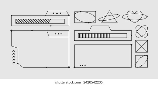 Conjunto de elementos retro futuristas al estilo del brutalismo ciberpunk. Marcos y formas geométricas abstractas. Plantilla de diseño. Ilustración de vector de contorno