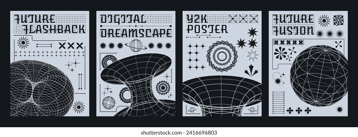 Set of retro futuristic flyers. Vector realistic illustration of y2k vibe posters with wireframe torus and globe shapes, black star, line, flower signs decoration, retrowave aesthetic banners