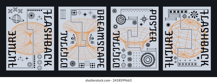 Set of retro futuristic flyers. Vector realistic illustration of y2k vibe posters with orange wireframe torus and globe shapes, black star, line, flower signs decoration, retrowave aesthetic banners