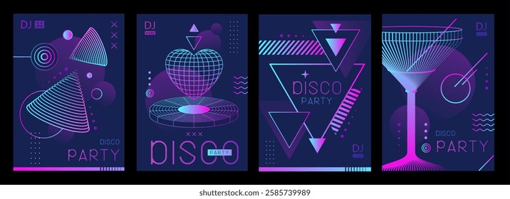 Set of retro futuristic holographic disco party posters, covers or banners with different geometric shapes. Fluorescent disco background. Flat design. Vector illustration