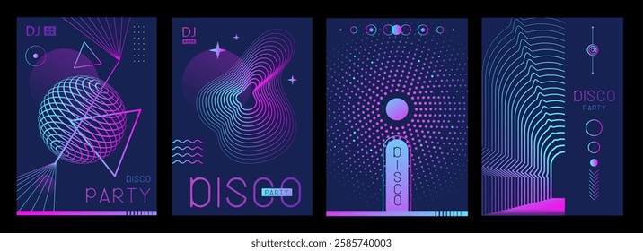 Set of retro futuristic holographic disco party posters, covers or banners with different geometric shapes. Fluorescent disco background. Flat design. Vector illustration