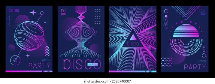 Set of retro futuristic holographic disco party posters, covers or banners with different geometric shapes. Fluorescent disco background. Flat design. Vector illustration