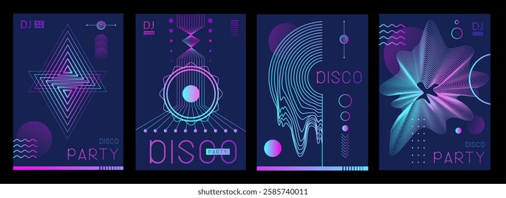 Set of retro futuristic holographic disco party posters, covers or banners with different geometric shapes. Fluorescent disco background. Flat design. Vector illustration