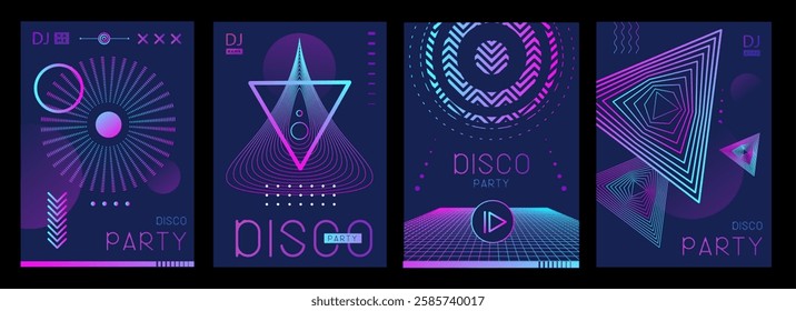 Set of retro futuristic holographic disco party posters, covers or banners with different geometric shapes. Fluorescent disco background. Flat design. Vector illustration