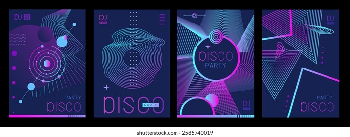 Set of retro futuristic holographic disco party posters, covers or banners with different geometric shapes. Fluorescent disco background. Flat design. Vector illustration