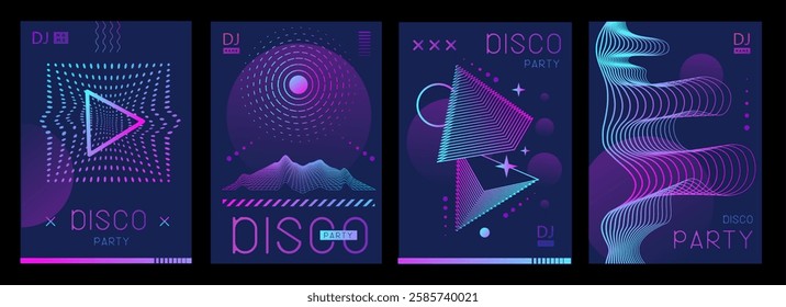 Set of retro futuristic holographic disco party posters, covers or banners with different geometric shapes. Fluorescent disco background. Flat design. Vector illustration