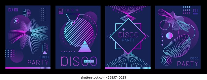 Set of retro futuristic holographic disco party posters, covers or banners with different geometric shapes. Fluorescent disco background. Flat design. Vector illustration