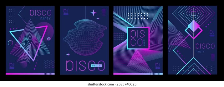 Set of retro futuristic holographic disco party posters, covers or banners with different geometric shapes. Fluorescent disco background. Flat design. Vector illustration