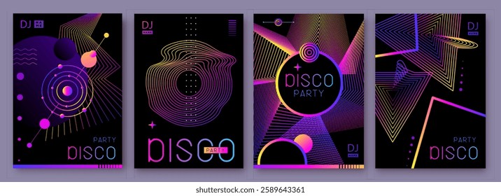 Set of retro futuristic holographic disco party posters, covers or banners with different geometric shapes. Fluorescent disco background. Flat design. Vector illustration