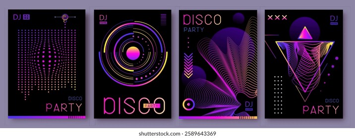Set of retro futuristic holographic disco party posters, covers or banners with different geometric shapes. Fluorescent disco background. Flat design. Vector illustration