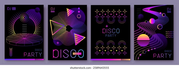 Set of retro futuristic holographic disco party posters, covers or banners with different geometric shapes. Fluorescent disco background. Flat design. Vector illustration
