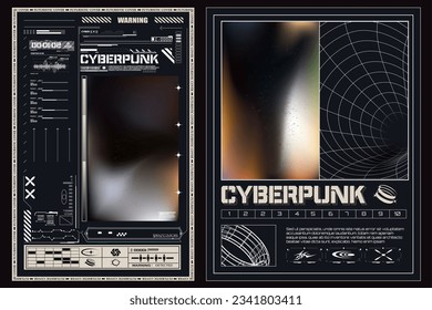 Set of retro futuristic posters with HUD elements, wireframe. Futuristic gradient 3d bold square posters templates for science. Futuristic cover set. Ideal for banner, flyer, invitation, business card