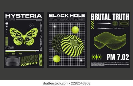 Set of retro futuristic posters isolated on black background.Trendy brutalism style. Geometric shapes and abstract forms.Abstract vector design for street wear, t-shirts and sweatshirt