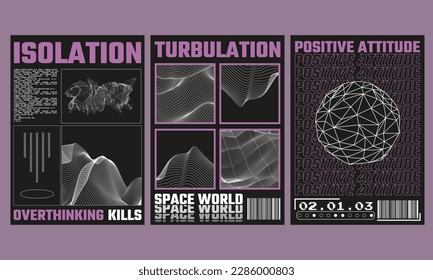 set of retro futuristic posters isolated on black background.Trendy brutalism style. Geometric shapes and abstract forms.Abstract print design for street wear, t-shirts and sweatshirt.Vector