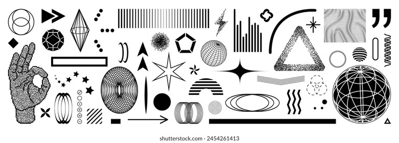 Set of retro futuristic shape with a bitmap elements. Vector modern shapes in Y2k aesthetic. Isolated illustration for stickers, poster, collage, design template.	