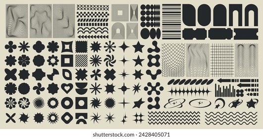 Set of retro futuristic shapes and elements. Abstract shapes, symbols, grid, shapes. Vector template for notes, posters, banners, web designs, collages.