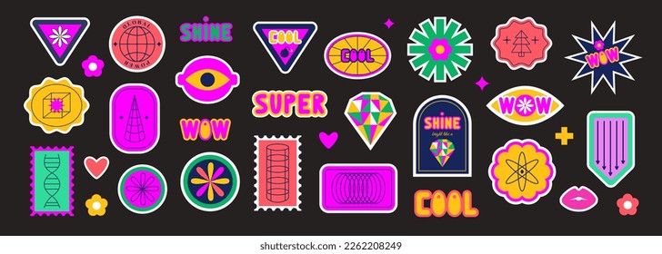 Set of retro futuristic stickers, labels, patches. 60s, 70s, 80s, 90s. Y2k. Bright vivid acid colors. Geometric abstract shapes.