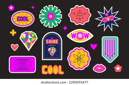 Set of retro futuristic stickers, labels, patches, geometric shapes, playful abstract geometry. 60s, 70s, 80s, 90s. Bright vivid acid colors. 