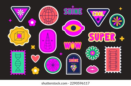 Set of retro futuristic stickers, labels, patches, geometric shapes, playful abstract geometry. 60s, 70s, 80s, 90s. Bright vivid acid colors. Nostalgia vintage icons 