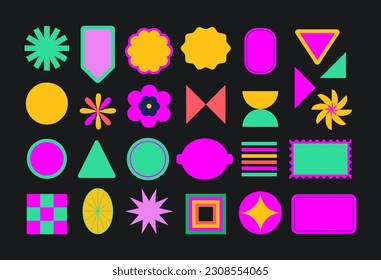 Set of retro futuristic stickers, labels, patches, geometric shapes, playful geometry. Brutalist abstract figures. 70s, 80s, 90s, 00s. Bright vivid acid colors. Nostalgia vintage icons 