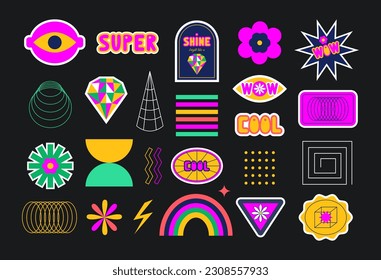 Set of retro futuristic stickers, labels, patches, geometric shapes, playful abstract geometry. Brutalist figures. 70s, 80s, 90s, 00s. Bright vivid acid colors. Nostalgia vintage icons 