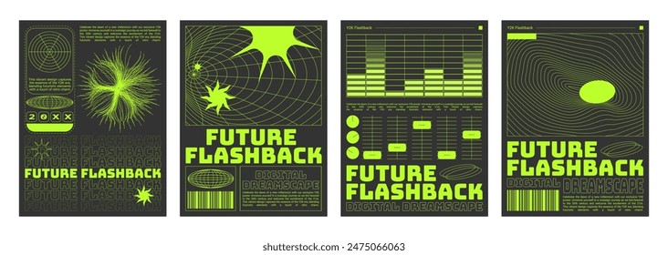 Set von Retro-futuristischen Vibe Flyers. Vektorgrafik realistische Illustration von Y2K-Ästhetik-Poster mit Gelb-Equalizer, Wireframe-Landschaft, Farbsterne, Planet, Barcode-Icons, Retrowave Collage Banner