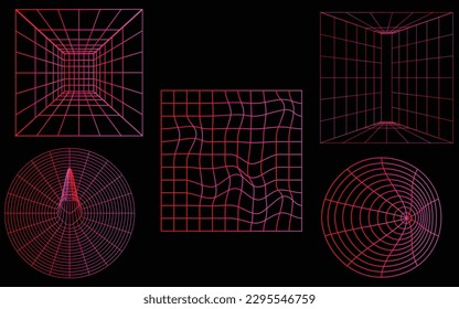 Set of retro futuristic wireframe design elements,  RETRO title, polar grid, blackhole,  80s style Vector illustration.