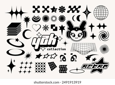 Set of retro futuristic Y2k elements for design. Trendy collection of simple shapes forms, symbols and characters. Isolated easy to edit.