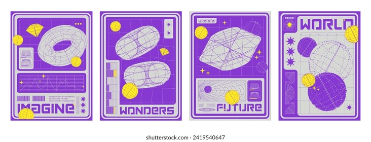 Set of retro futuristic y2k geometric posters. Vector realistic illustration of trendy retrowave flyers with 3D wireframe globe, torus, diamond shape elements and text on mesh landscape background