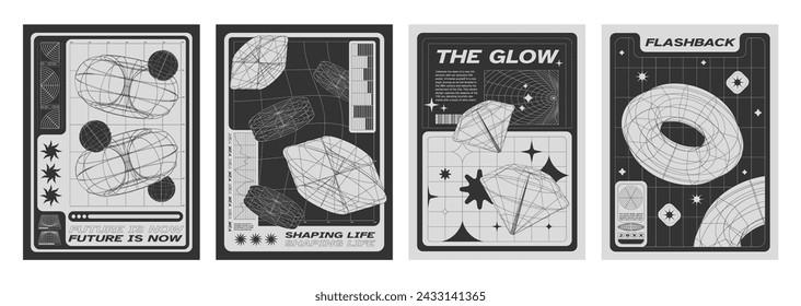 Conjunto de carteles geométricos y2k futuristas retro. Ilustración vectorial realista de volantes de moda de retroondas con globo de malla 3D, torus, elementos de forma de diamante y texto sobre fondo de malla