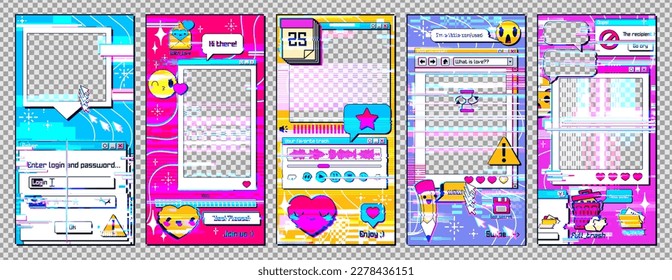 Set of retro gadget system error windows. Vector illustration of distorted 90s style vertical software windows for mobile app, error warning, loading progress bug, login glitch, emoji and folder icons