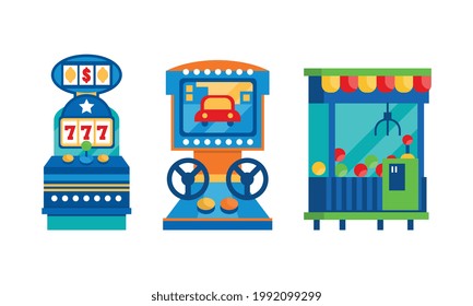 Set of Retro Gambling Slot Machines Cartoon Vector Illustration